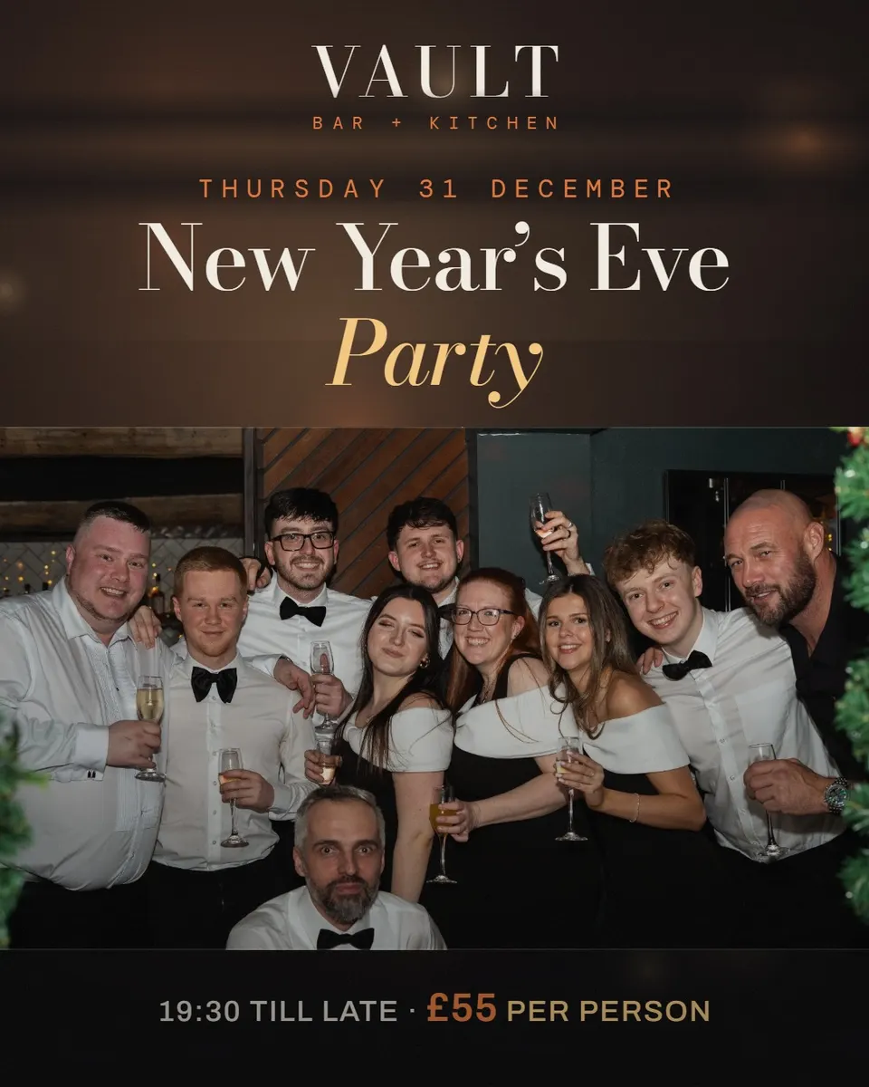 The Vault team in bow ties, glasses raised, on the New Year’s Eve Party poster