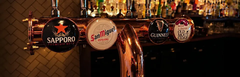The copper draught tower at Vault Bar + Kitchen, Whalley, with Sapporo, San Miguel, Guinness and Old Mout cider on tap