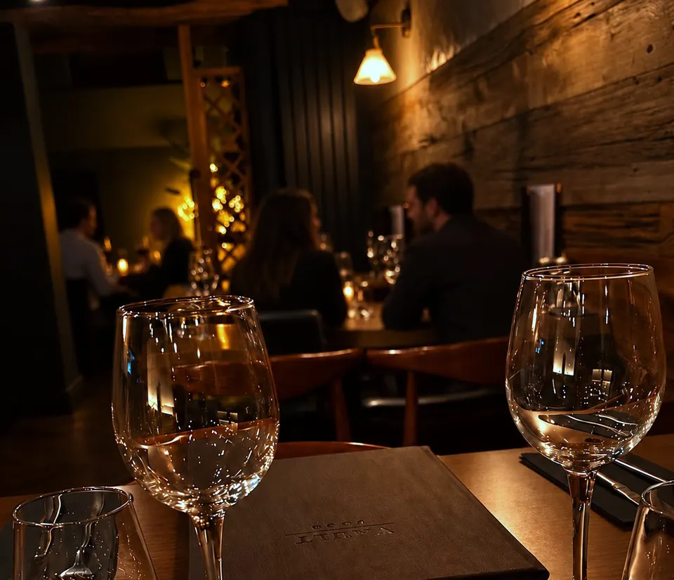 A laid table upstairs at Vault Bar + Kitchen, Whalley, with the dining room busy behind it