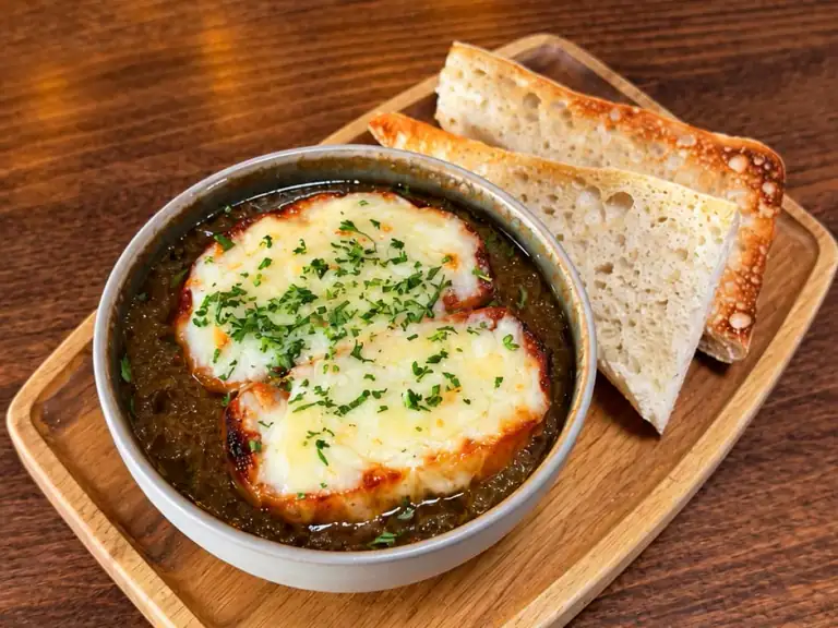 French onion soup with cheese crostini at Vault Bar + Kitchen, Whalley